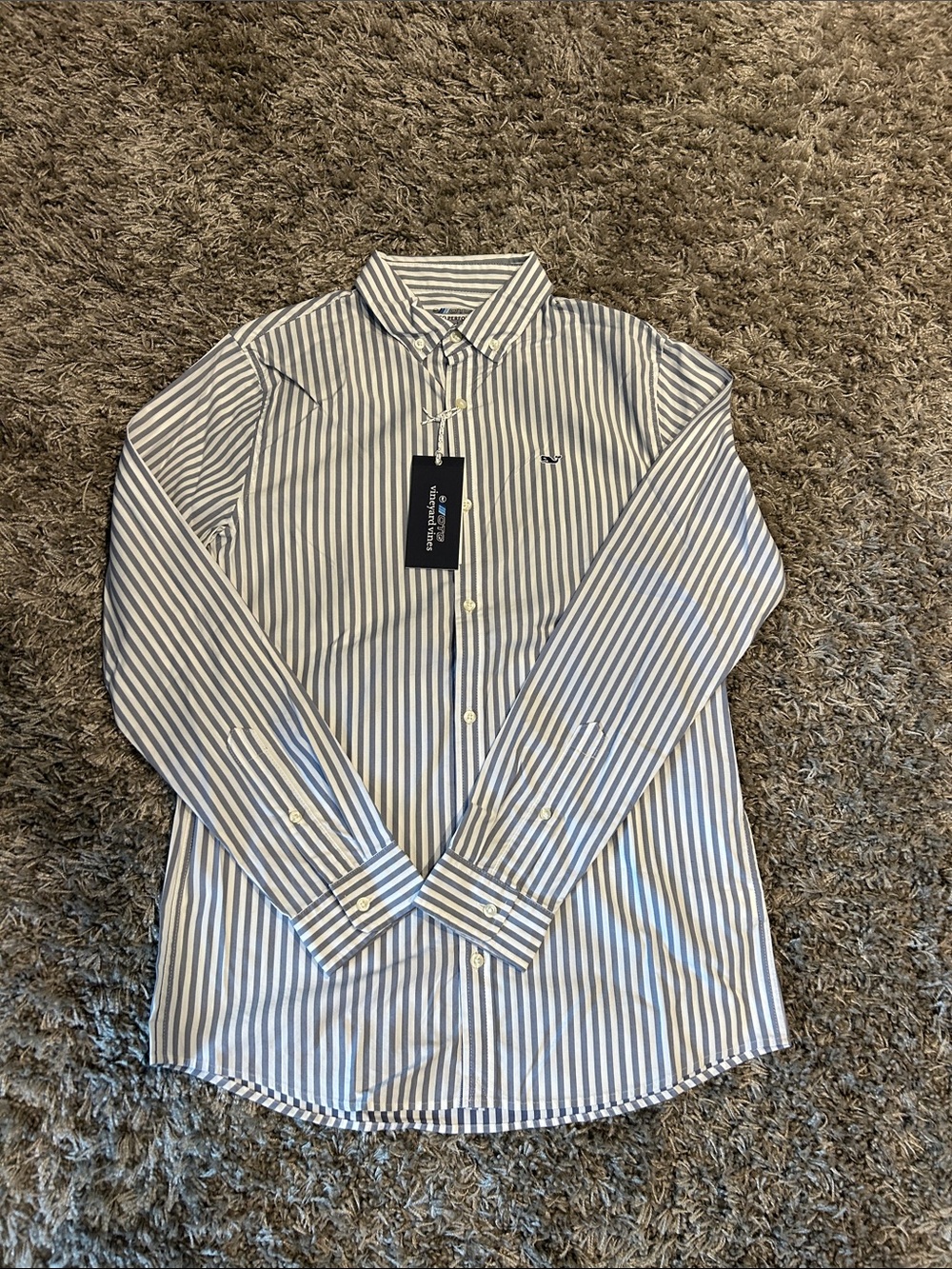 Vineyard Vines Boys Blue & White Striped Button-Down Shirt with Whale Logo